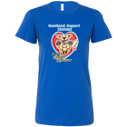 A women's blue shirt with the OMG You're Home Golden Retriever design on the front
