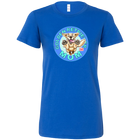 A women's royal blue t-shirt featuring the OMG You're Home! Golden Retriever artwork