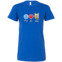 Load image into Gallery viewer, Royal blue Bella Womens Shirt featuring the Peace Love Yorkie dog design from OMG You're HOME!