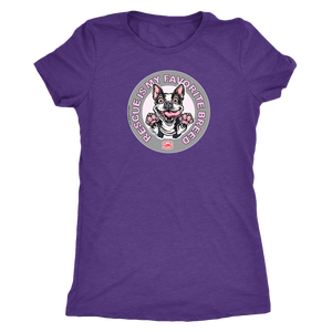 A purple triblend shirt for women featuring the OMG You're Home! Boston Terrier dog design with "Rescue is my favorite breed"