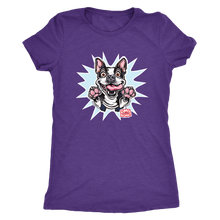 Load image into Gallery viewer, a purple Next Level Womens Triblend featuring the OMG You're Home Boston Terrier dog design in full color on the front.