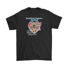 Load image into Gallery viewer, A mens black t-shirt with the OMG You're HOME! German Shepherd dog design on the front