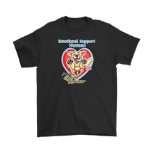 Load image into Gallery viewer, a black Gildan Mens T-Shirt featuring the OMG You're Home Golden Retriever dog design with Emotional Support Human above the dog.