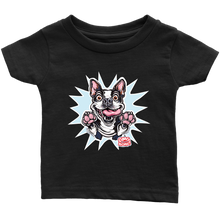 Load image into Gallery viewer, front view of a toddler's black OMG You're Home t-shirt with the Boston Terrier dog design  in full color