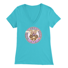 Load image into Gallery viewer, a women's light blue v-neck shirt with the OMG You're Home! Yellow Labrador dog mom design on the front