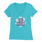 dog person design on a light blue v-neck t-shirt for women dog lovers