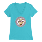 a womens light blue v-neck shirt featuring the original Golden Retriever dog artwork by OMG You're Home!