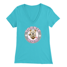 Load image into Gallery viewer, a women's light blue v-neck shirt with the OMG You're Home! Yorkie dog mom design on the front