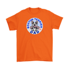 a men's orange t-shirt featuring the Boston Terrier dog dad design on the front