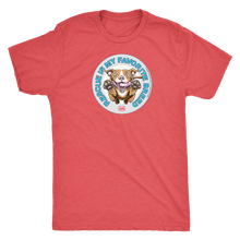 Load image into Gallery viewer, front view of a mens red Triblend t-shirt by Next Level featuring the original Red Nose Pitbull artwork by OMG You're Home! Part of the "Rescue is my favorite breed" collection.