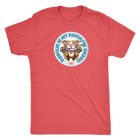 front view of a mens red Triblend t-shirt by Next Level featuring the original Red Nose Pitbull artwork by OMG You're Home! Part of the "Rescue is my favorite breed" collection.