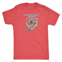 Load image into Gallery viewer, A men's red triblend shirt by Next Level featuring the original German Shepherd dog artwork by OMG You're HOME! This design has the text "Emotional Support Human" above the German Shepherd.