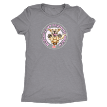 Load image into Gallery viewer, a women's light grey t-shirt featuring the original Golden Retriever dog artwork by OMG You're Home! This collection is dedicated to those of us who love and support rescues.
