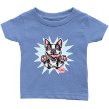 Load image into Gallery viewer, front view of a toddler's light blue OMG You're Home t-shirt with the Boston Terrier dog design  in full color