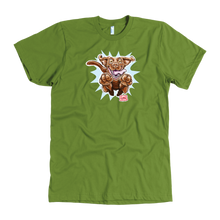 Load image into Gallery viewer, front view of a lime green men's t-shirt with the OMG You're Home Chocolate Labrador Retriever dog design in full color