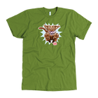 front view of a lime green men's t-shirt with the OMG You're Home Chocolate Labrador Retriever dog design in full color