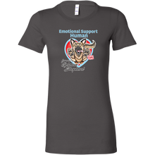 Load image into Gallery viewer, a womens grey shirt featuring the original German Shepherd dog artwork by OMG You're HOME! The text "Emotional Support Human" appears above the design in light blue letters.
