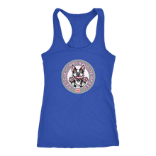 Load image into Gallery viewer, A royal blue Next Level Racerback Tank featuring the OMG You're Home! Boston Terrier design with "Rescue is my favorite breed"