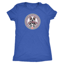 Load image into Gallery viewer, A royal blue triblend shirt for women featuring the OMG You&#39;re Home! Boston Terrier dog design with &quot;Rescue is my favorite breed&quot;