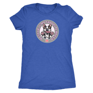 A royal blue triblend shirt for women featuring the OMG You're Home! Boston Terrier dog design with "Rescue is my favorite breed"