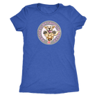 a women's blue t-shirt featuring the original Golden Retriever dog artwork by OMG You're Home! This collection is dedicated to those of us who love and support rescues.