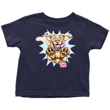 Load image into Gallery viewer, a navy blue OMG You're Home toddler t-shirt featuring the original Yellow Labrador Retriever dog design on the front in full color