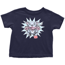 Load image into Gallery viewer, a toddler's navy blue t-shirt with the Blue Nose Pit Bull design by OMG You're Home on the front in full vibrant color