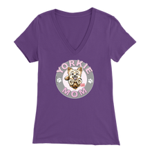 Load image into Gallery viewer, a women's purple v-neck shirt with the OMG You're Home! Yorkie dog mom design on the front