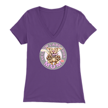 Load image into Gallery viewer, a women's purple v-neck shirt with the OMG You're Home! Yellow Labrador dog mom design on the front