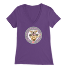 a womens purple v-neck shirt featuring the original Golden Retriever dog artwork by OMG You're Home!