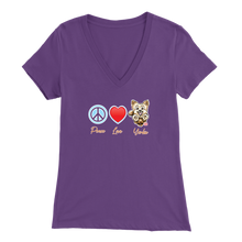 Load image into Gallery viewer, purple Bella Womens V-Neck Shirt featuring the Peace Love Yorkie dog design from OMG You're HOME!