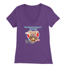 Load image into Gallery viewer, Bella Womens purple V-Neck. This comfortable shirt features the OMG You're Home German Shepherd dog design with the text "Emotional Support Human".