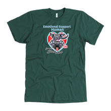 Load image into Gallery viewer, a  kelly green OMG You're Home t-shirt featuring the Emotional Support Human for my Black Labrador Retriever design on the front in full color