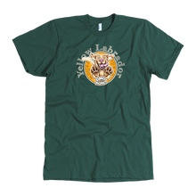 Load image into Gallery viewer, front view of a men's green American Apparel  t-shirt featuring the OMG You're HOME! Yellow Labrador Retriever design