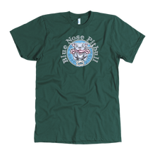 Load image into Gallery viewer, The front view of a men's hunter green t-shirt featuring the OMG blue nose pit bull design on the front in full color