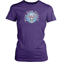 Load image into Gallery viewer, Front view of a purple District Shirt featuring the OMG You're HOME! Blue Nose Pitbull design on the front in full vibrant color.