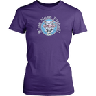 Front view of a purple District Shirt featuring the OMG You're HOME! Blue Nose Pitbull design on the front in full vibrant color.