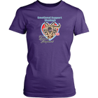A womens purple shirt by District featuring the original German Shepherd dog artwork by OMG You're HOME! This design has the text "Emotional Support Human" above the German Shepherd.