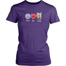 Load image into Gallery viewer, Purple District Shirt featuring the Peace Love Yorkie dog design from OMG You're HOME!
