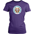 front view of a womens purple t-shirt featuring the original Red Nose Pitbull artwork by OMG You're Home! Part of the "Rescue is my favorite breed" collection.