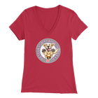 a womens red v-neck shirt featuring the original Golden Retriever dog artwork by OMG You're Home!