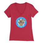 a women's red v neck shirt with the OMG You're Home! German Shepherd dog mom design on the front