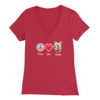 red Bella Womens V-Neck Shirt featuring the Peace Love Yorkie dog design from OMG You're HOME!