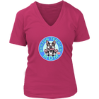 A women's bright pink v-neck shirt from OMG You're Home! with the Boston Terrier dog Mom design on the front in blue letters