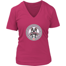 Load image into Gallery viewer, a women&#39;s coral v-neck shirt featuring the OMG You&#39;re Home Boston Terrier dog design with Rescue is my favorite breed in pink letters