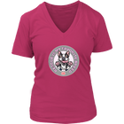 a women's coral v-neck shirt featuring the OMG You're Home Boston Terrier dog design with Rescue is my favorite breed in pink letters