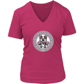 a women's coral v-neck shirt featuring the OMG You're Home Boston Terrier dog design with Rescue is my favorite breed in pink letters