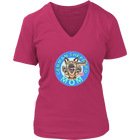 a women's pink v-neck shirt featuring the original artwork by OMG You're Home! The German Shepherd dog mom design is on the front in full color.