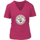 a women's pink v-neck shirt with the OMG You're Home! Yorkie dog mom design on the front with pink letters