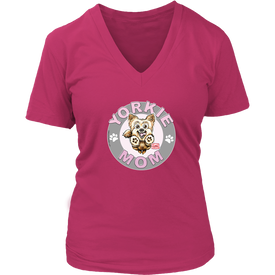 a women's pink v-neck shirt with the OMG You're Home! Yorkie dog mom design on the front with pink letters